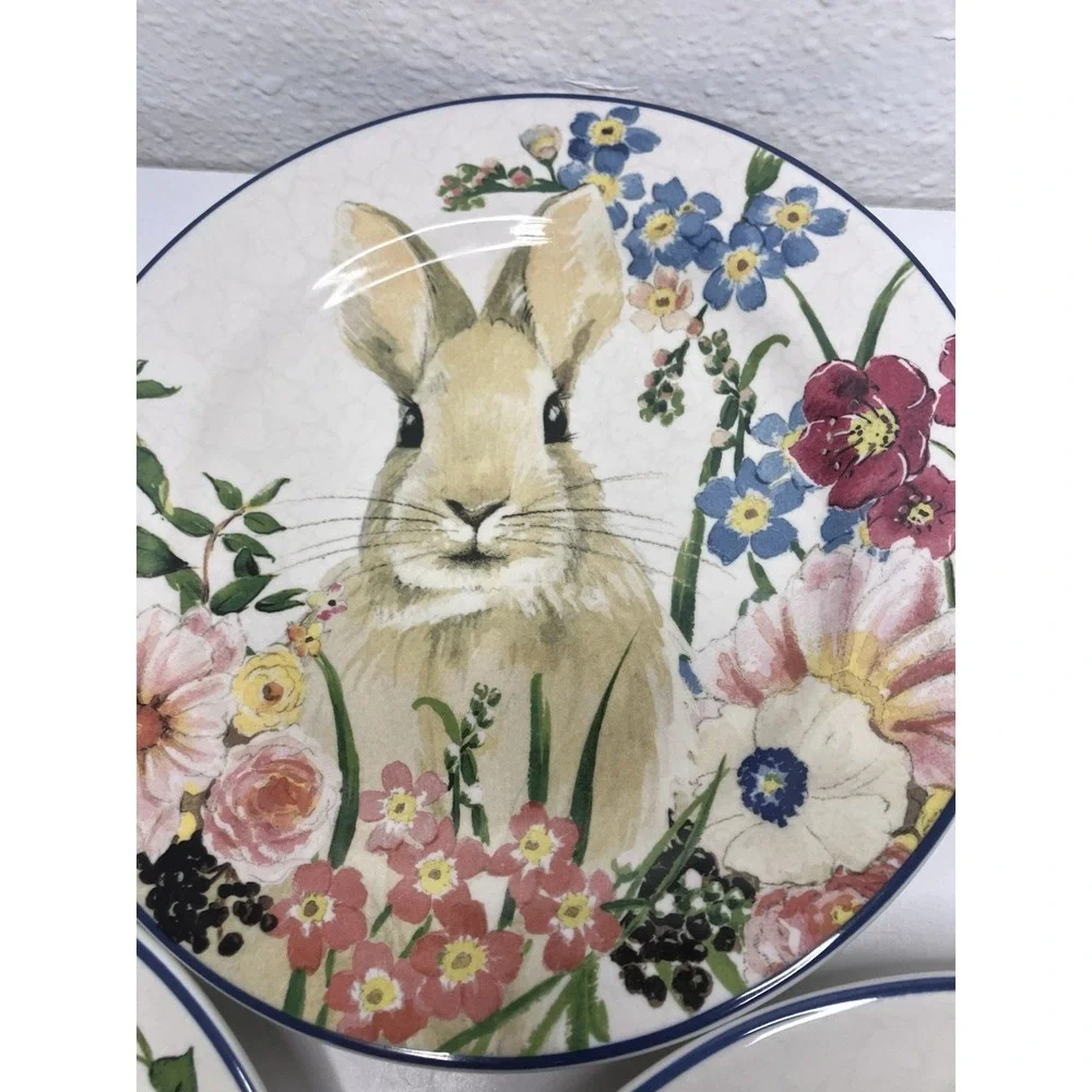 Set of 4 POTTERY BARN Spring/ Floral/Easter Bunny Stoneware 8.25